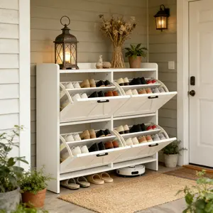 White Modern Fence Shoe Cabinet with 4 Flip Drawers, Sleek Space-Saving Entryway Organizer for Living Room