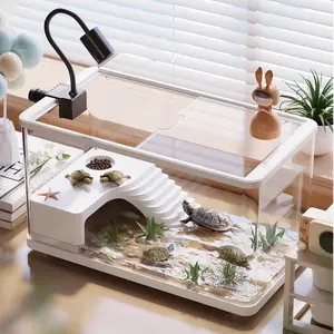 Clear Turtle Tank with Basking Platform, Drainage System & Adjustable Basking Lamp, Escape-Proof Reptile Enclosure for Turtles, Fish, Amphibians, Land-Water Separate Habitat with Landscaping Kit, Durable Pet Terrarium/Aquarium
