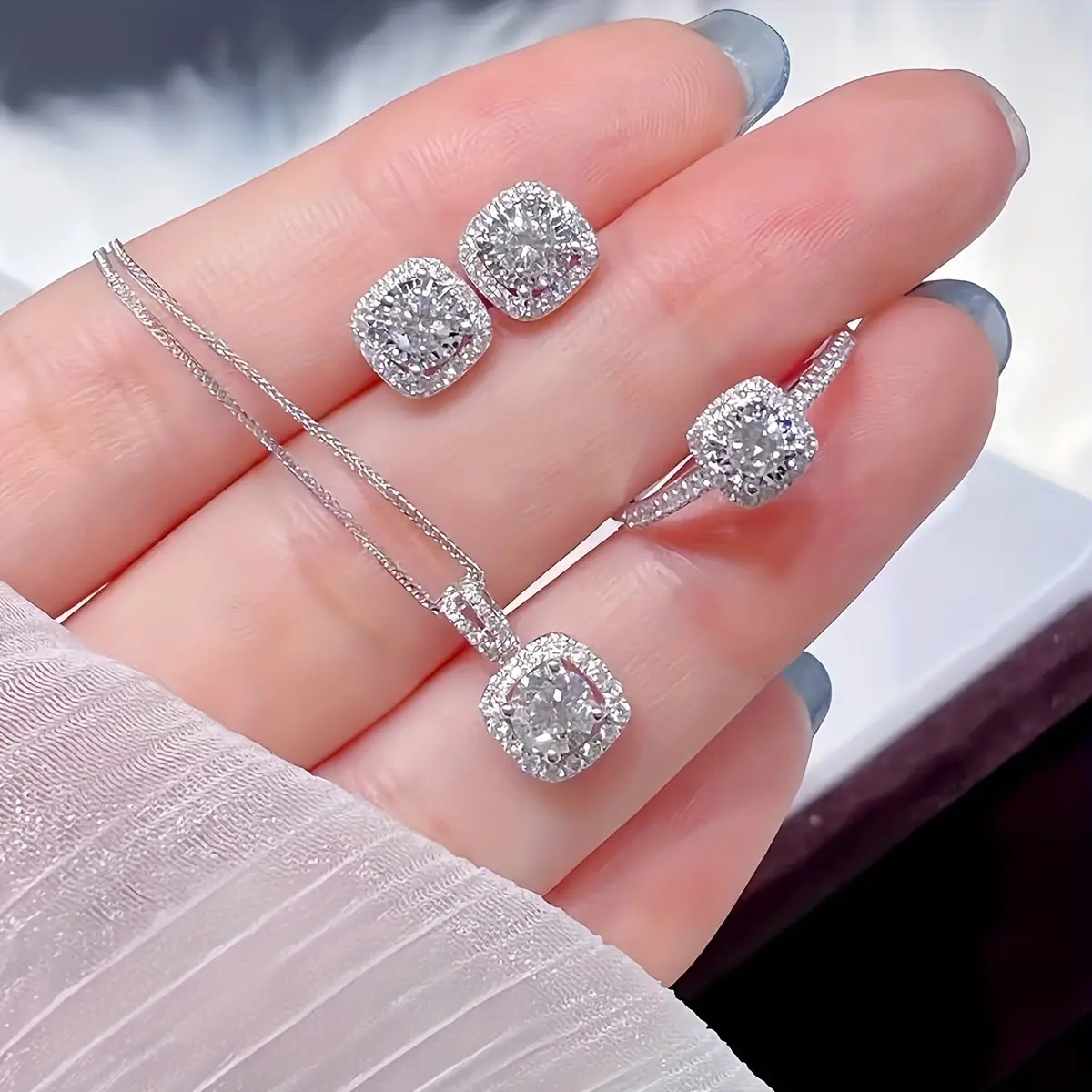 Women's Silver Cubic Zirconia Jewelry Gift Set - Sparkling Earrings, Pendant Necklace, Ring - Stylish Luxury Design - Ideal Gifts for Mom, Females