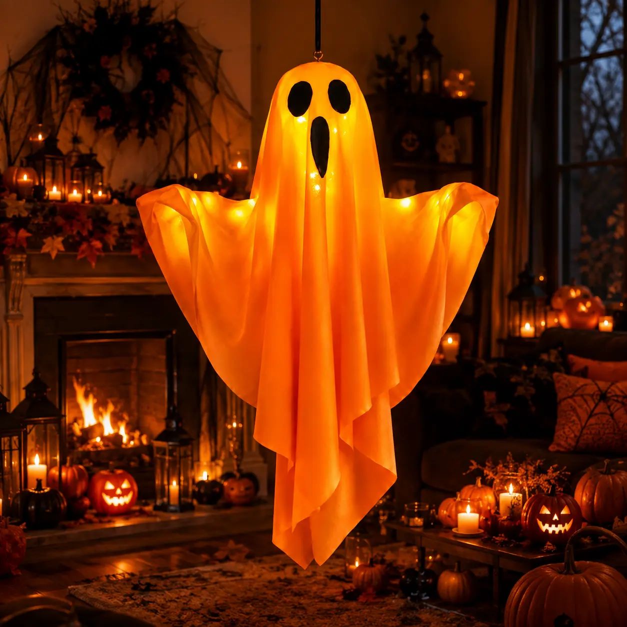 Lifnatty Lightweight Ghost-Shape Orange LED Hanging Lantern - 1-Pack Battery-Operated Spooky Play Halloween Light, Indoor/Outdoor Home Yard Seasonal Decoration