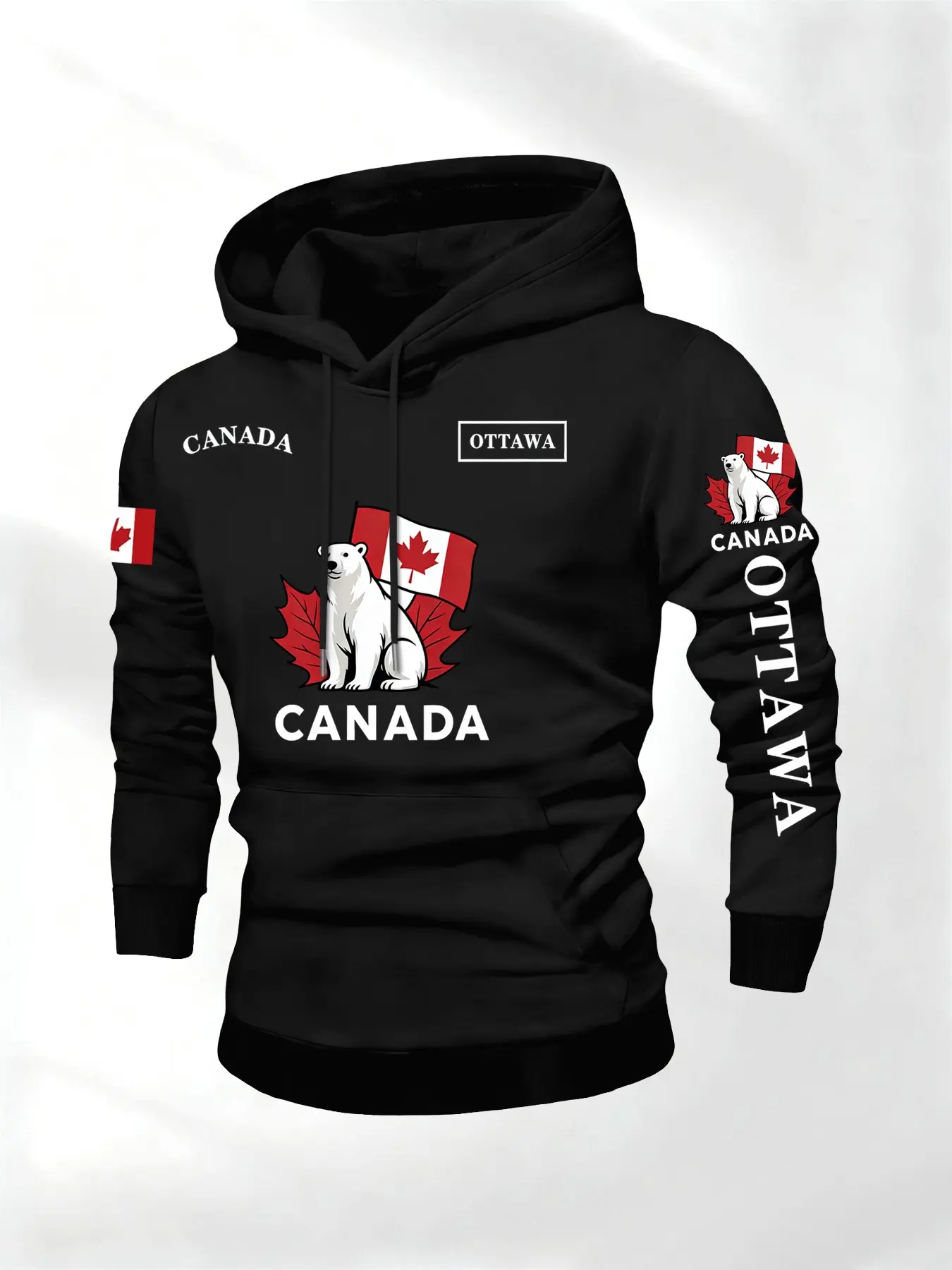 Canada Ottawa Culture Hoodie for Men, Polar Bear Maple Leaf Design, Long Sleeve Loose Fit, Casual Fall & Winter Wear