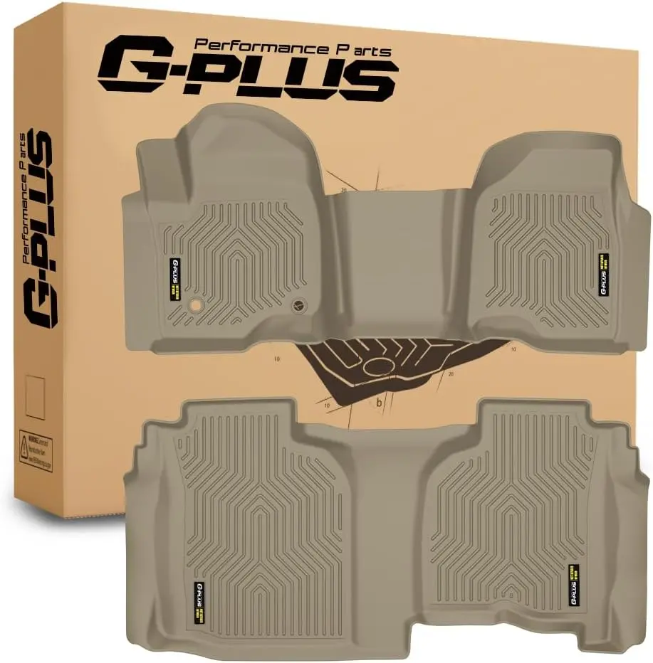 G-PLUS Vehicle-Specific Pre-Cut TPE Floor Mats, Compatible with Chevy Silverado 1500/GMC Sierra 1500 Double Cab 2019-2024, All-Weather Waterproof 1st & 2nd Row Liner, Beige 2PCS
