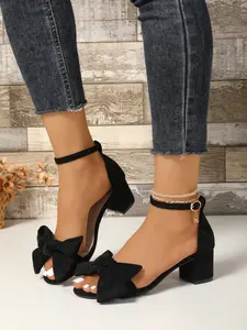 Women's Bow Decorated Thick Heel High Heels Sandals, All-Day Comfort Walking Experience, Buckle Design Fashion Shoes for Summer, Party Footwear, Elegant Sandals