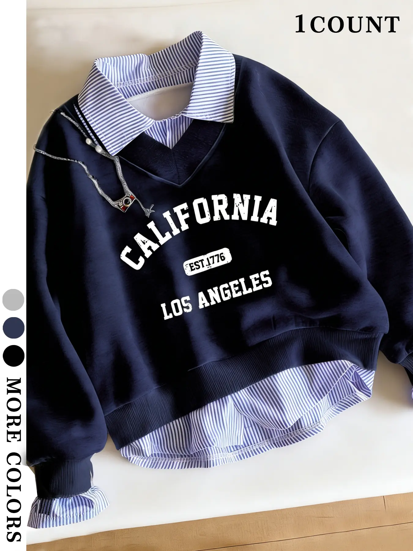 Navy California Graphic Sweatshirt | Fake Collar Striped Layered Style | Retro LA EST 1776 Print | Trendy Streetwear Fit | Comfy Oversize Top for Daily OOTD | Perfect for Casual Vibes & Fashion Inspo #OversizedSweatshirt #CaliforniaFashion #StreetwearTren