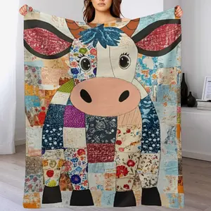 Patchwork Cow Blanket, Colorful Floral Quilt-Style Throw, Boho Farmhouse Decor, Soft Flannel Fleece Blanket