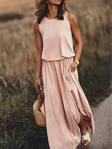 Women's Solid Color Round Neck Sleeveless Dress, Casual Fashion Dress for Daily Outdoor Wear, Women Clothing for Summer, Womenswear