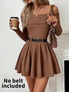 Women's Spring Summer New One-Shoulder Asymmetrical Knit Waist Dress, Pure Desire Style Shoulder Long Sleeve Short Dress, No Belt Included