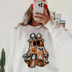 Patchwork Ghost Halloween Sweatshirt - Spooky Season Unisex Apparel Relaxed Fit Printed In The USA Clothing Womenswear Casual Comfort Cotton Top Athletic Boho Chic garment-dyed heavyweight Crewneck