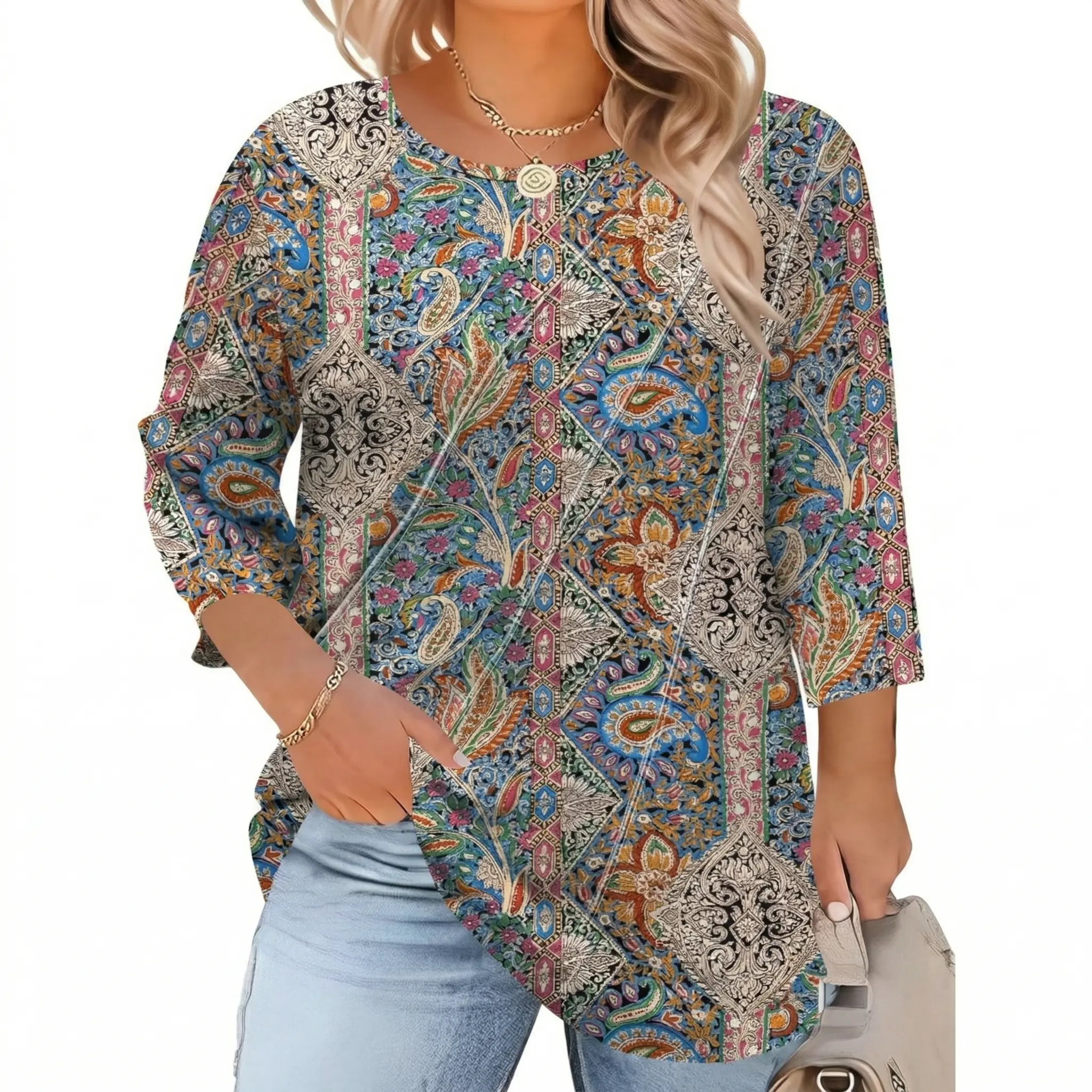 Womens Plus Size Tops 3/4 Length Sleeve Womens Tops Pleated Crewneck Fall Shirts Summer Blouses 2026 (1X-5X)
