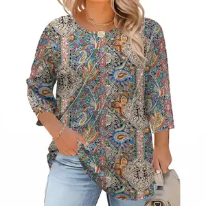 Womens Plus Size Tops 3/4 Length Sleeve Womens Tops Pleated Crewneck Fall Shirts Summer Blouses 2026 (1X-5X)