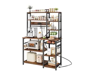 39.4" Large Bakers Rack, 6-Tier Microwave Stand with Power Outlets, Kitchen Shelf with Wire Basket, Rustic Brown