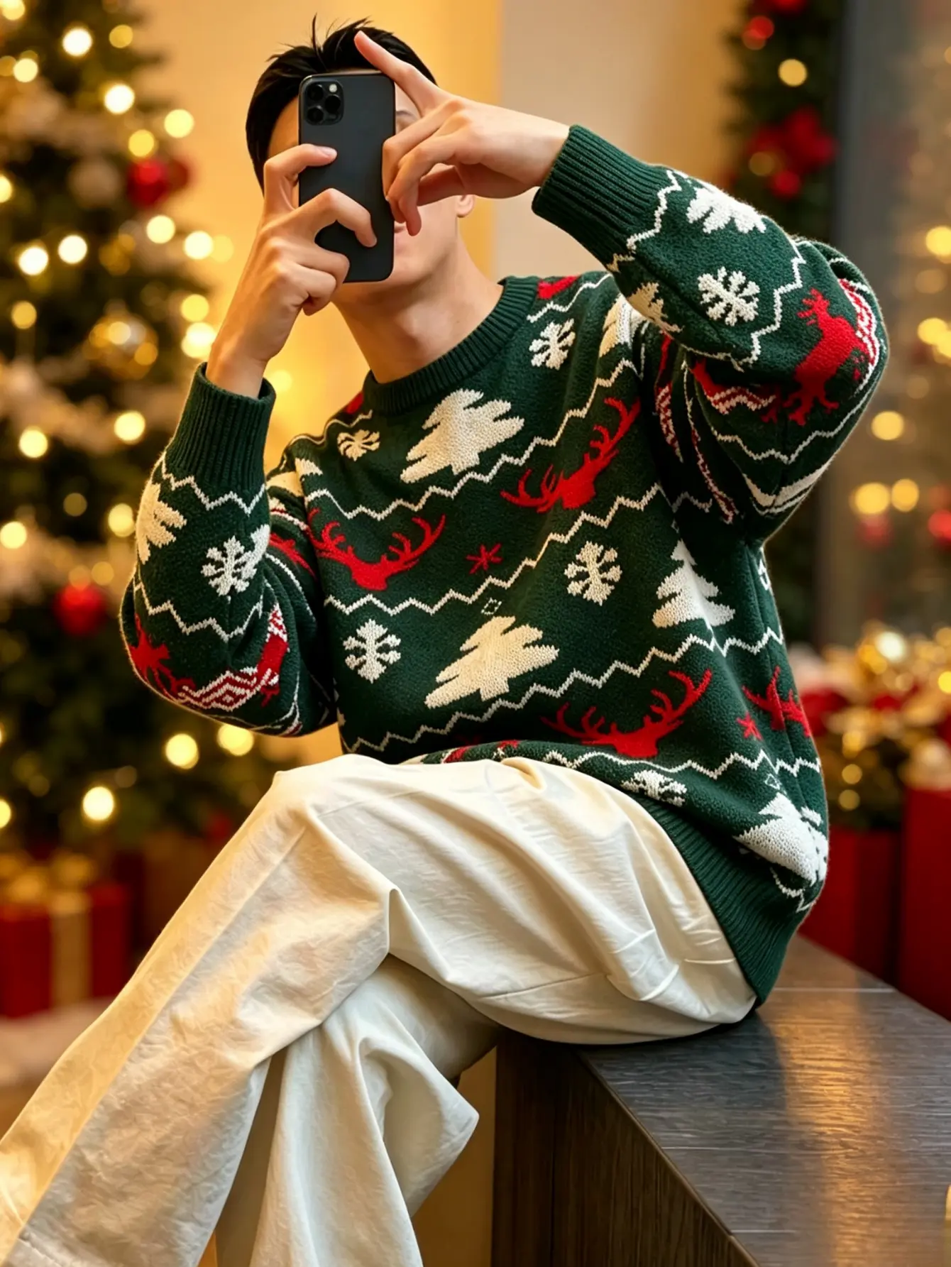 Men’s Christmas sweater with reindeer and Christmas tree pattern, loose casual holiday pullover