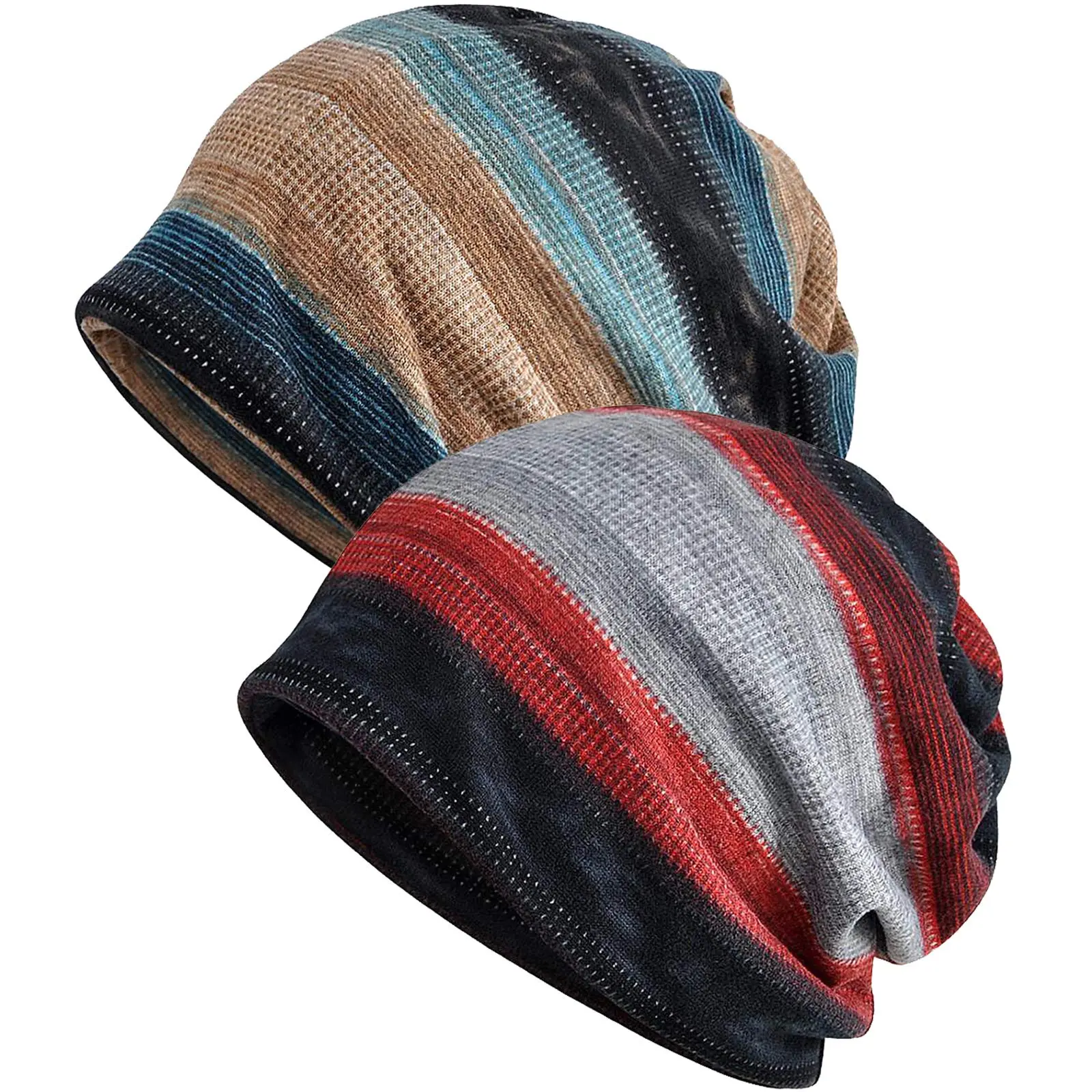 2 Pcs Unisex Striped Beanie Hat Set,Retro Slouchy Knit Skully Cap,Soft Lightweight Everyday Winter Fall Fashion Headwear,Ideal for Halloween Christmas Party Fathersdaygift