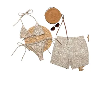 Minimalist Neutral Leopard Triangle Bikini Set - Tan & White Cheetah Print Swimwear | Sexy Adjustable Tie-Side Bottoms Summer Vacation Outfit