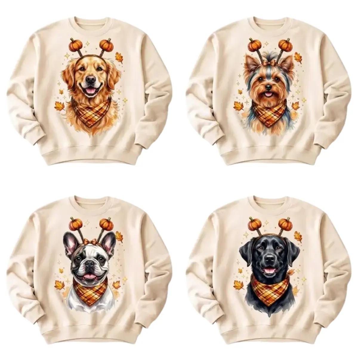 Custom Fall Dog Pumpkin Sweatshirt - Cute Custom Dog Breed Wearing Pumpkin Headband And Plaid Bandana With Autumn Leaves And Sparkles , Thanksgiving Crewneck For Women , Cozy Dog Mom Harvest Outfit , Pet Lover Fall Festival Gift