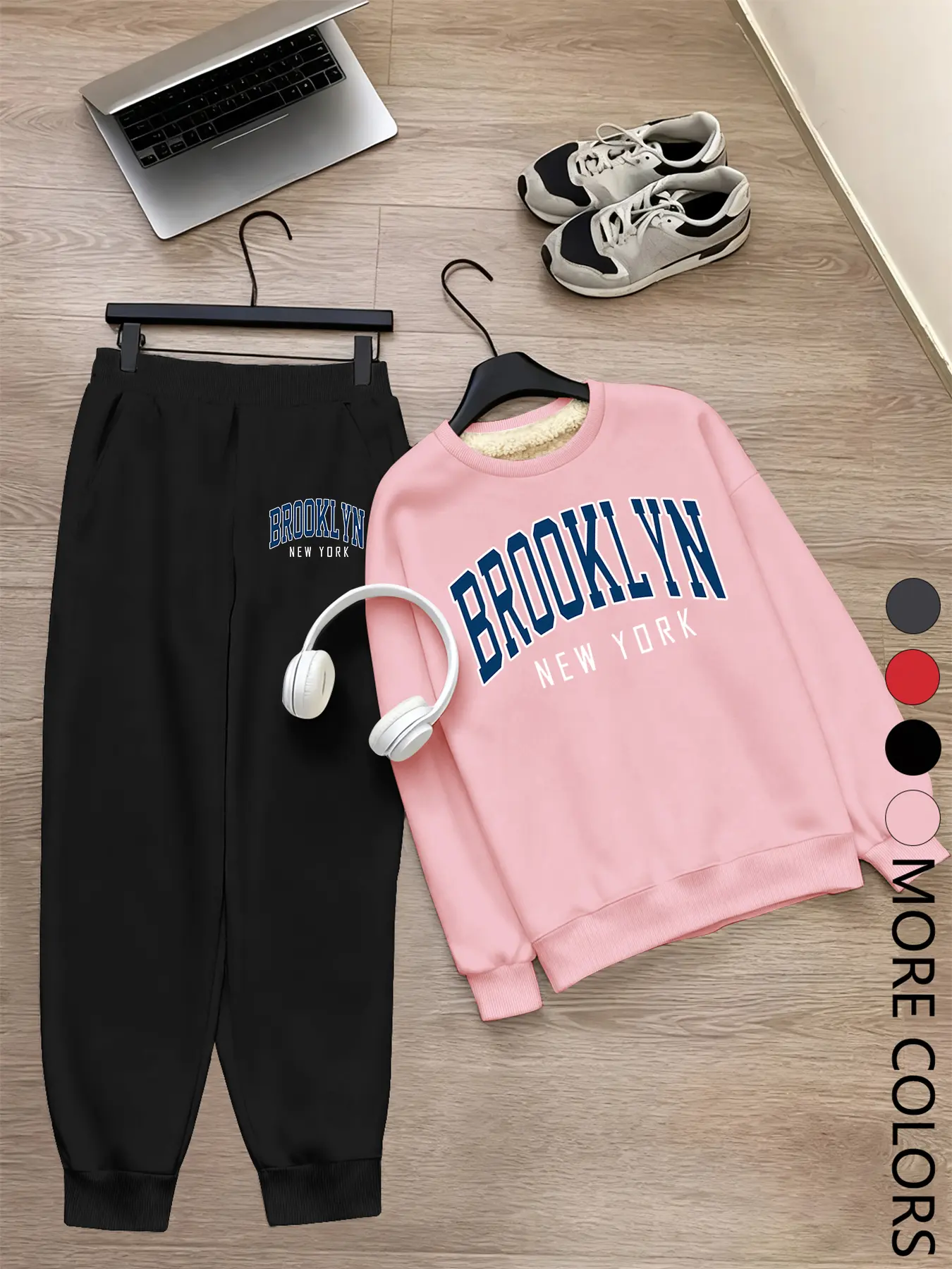Women's Fall Winter Two-Piece Set, Creative Letter Print Brooklyn Element Sweater & Pants, Casual Comfortable Warm