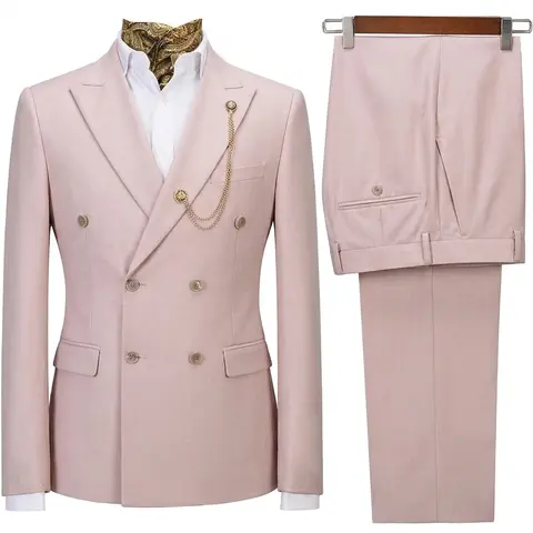 Men's 2-Piece Slim-Fit Double-Breasted Solid Suit - V-Neck, Button-Front Jacket & Dress Pants for Prom, Wedding