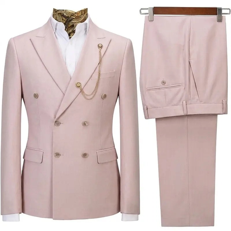 Men's 2-Piece Slim-Fit Double-Breasted Solid Suit - V-Neck, Button-Front Jacket & Dress Pants for Prom, Wedding