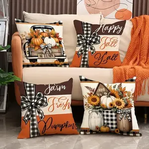 4pcs Autumn 18x18 inch Pumpkin Buffalo Grid Thanksgiving Pillow Cover with Bow, Harvest Party Pillowcase, Home Decor (No Pillow Core)