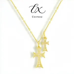 Uxvwez Double Cross Necklace for Women Gold Silver Tone Stainless Steel Layered Cross Pendant Necklace Cubic Zirconia Jewelry Gift