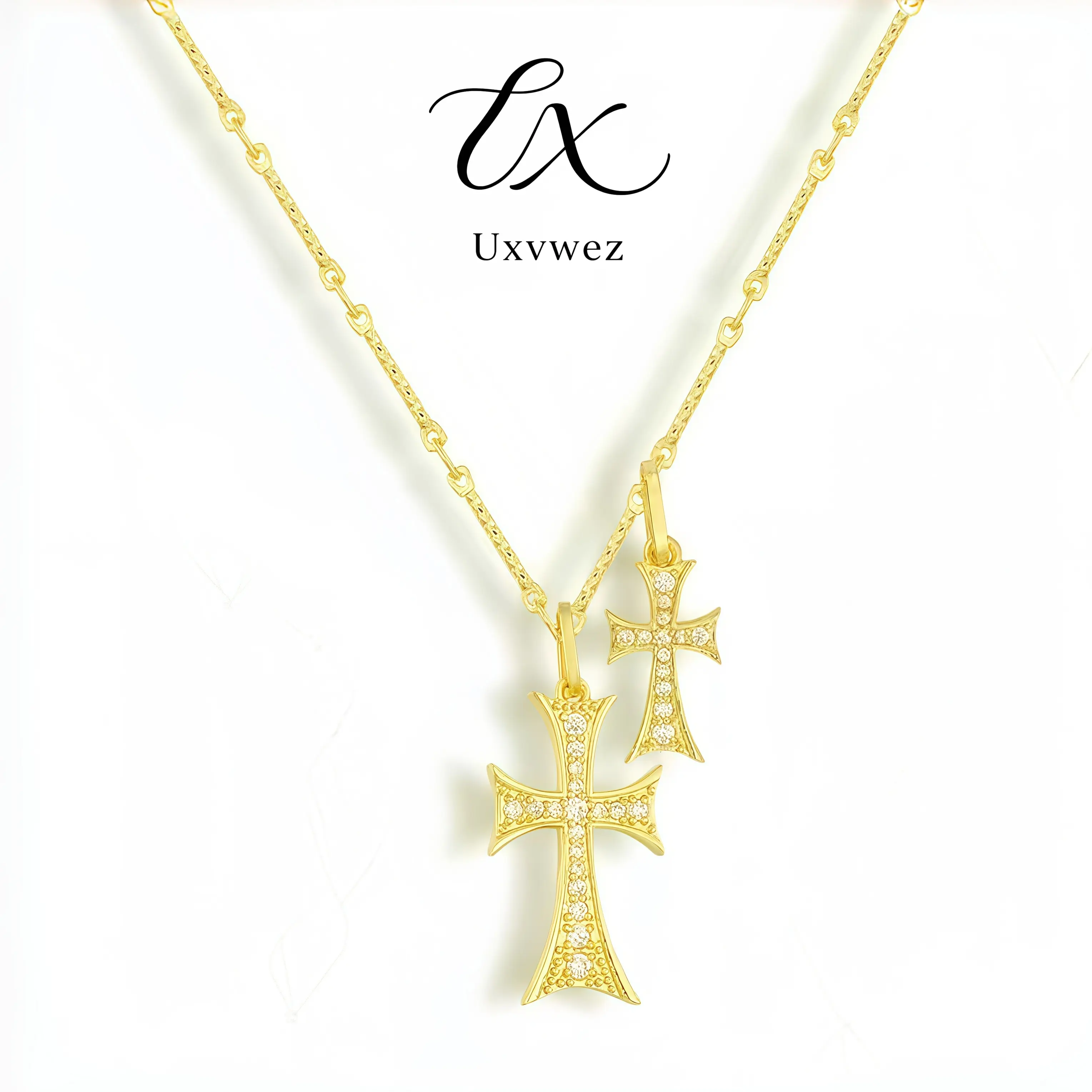 Uxvwez Double Cross Necklace for Women Gold Silver Tone Stainless Steel Layered Cross Pendant Necklace Cubic Zirconia Jewelry Gift