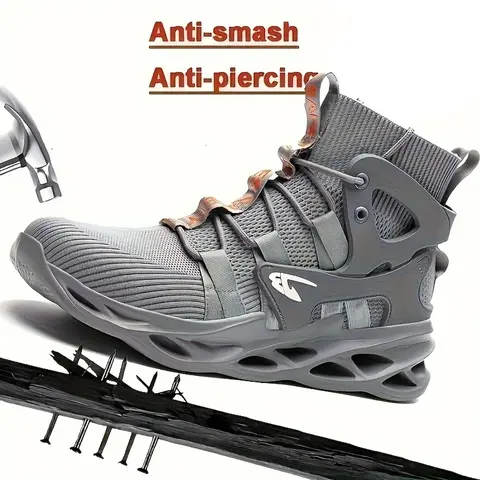 Men's steel-toe sports non-slip work shoes, high-top style, breathable knitted upper, with anti-smashing, anti-piercing and other protective properties. Footwear, Fathersdaygift Boy Closed Worker Lace，Summer vibes, Work & Safety Footwear