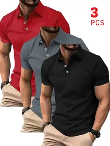 3-Pack Solid Polo Shirts, Breathable Quick-Dry Golf Casual Shirts, Lightweight Stretch Polyester, Summer Office Yacht Wear, Anchor Print