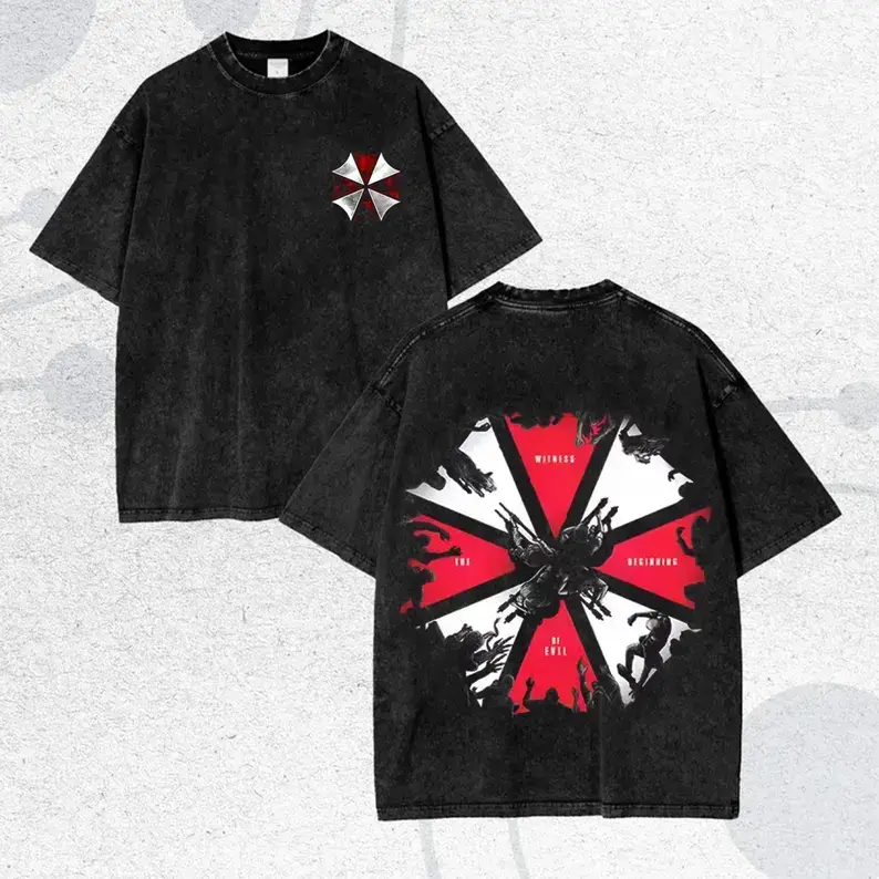 Black Washed Resident Evil Umbrella Zombie Printed Men's T-shirt, Loose Short Sleeve Crew Neck Pure Cotton Top, Casual Streetwear Style, Suitable for Horror Game Lovers Daily Outfit