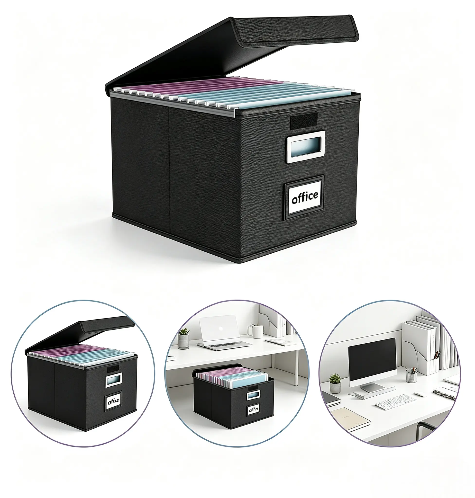 File Organizer Box with Lids, Collapsible File Folder Organizer File Box with Plastic Slides for Office Document Storage, Filing Bin for Letter Size Hanging File Folders (Black)