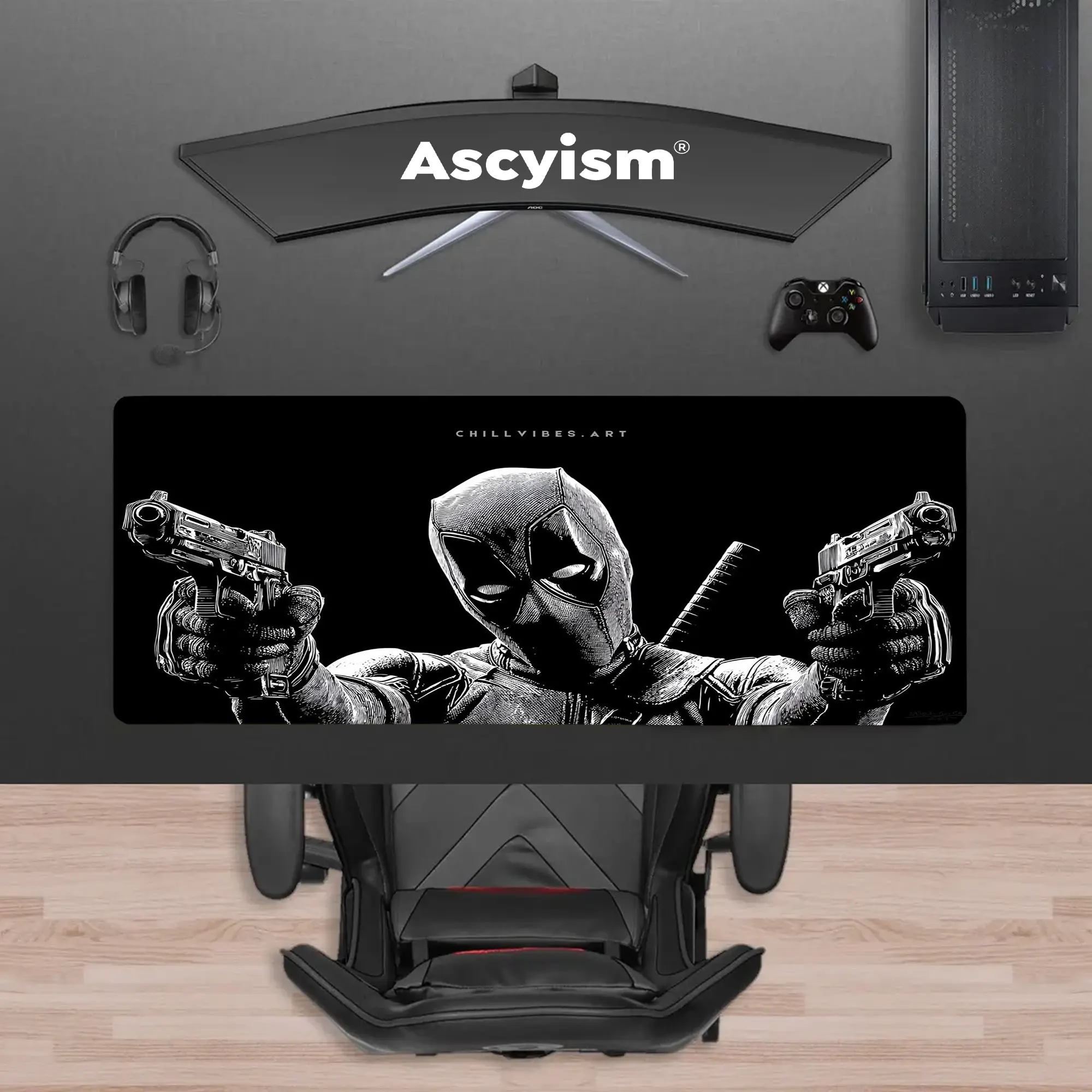 Masked Mercenary Comic Gaming Mouse Pad, Dual Pistol Antihero Black and White Extended Desk Mat, Large Keyboard Pad, Waterproof Non-Slip Rubber Base Mousepad for PC Gamer Setup, Gaming Room Accessories and Desktop Decor, 40x20 Inch