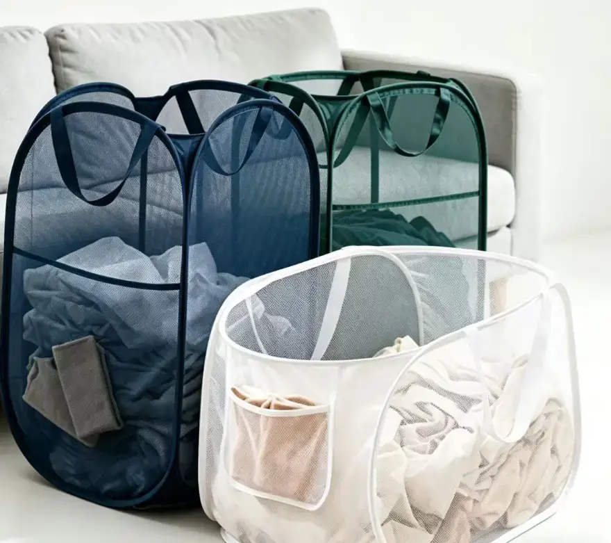 2 Pack Pop Up Laundry Hamper Mesh, Collapsible Laundry Basket with Handles, Foldable Storage for Bedroom Dorm Travel, Green +White
