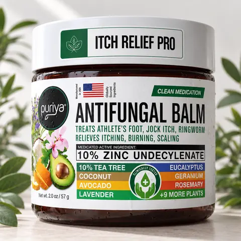 Puriya Triple Action Antifugal Balm - Treats Athletes Foot, Jock Itch, Ringworm. Relieves Itching, Cracking, Burning. Tea Tree + 16 Plants to Cleanse, Hydrate & Nourish