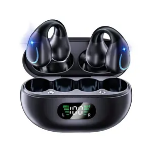 Open Bone Conduction Earphones, Wireless Clip On Earphones With Digital Display, Charging Case, 60 Hour Playback Time, Sports Earphones, Built-In Microphone, Running, Fitness, Black