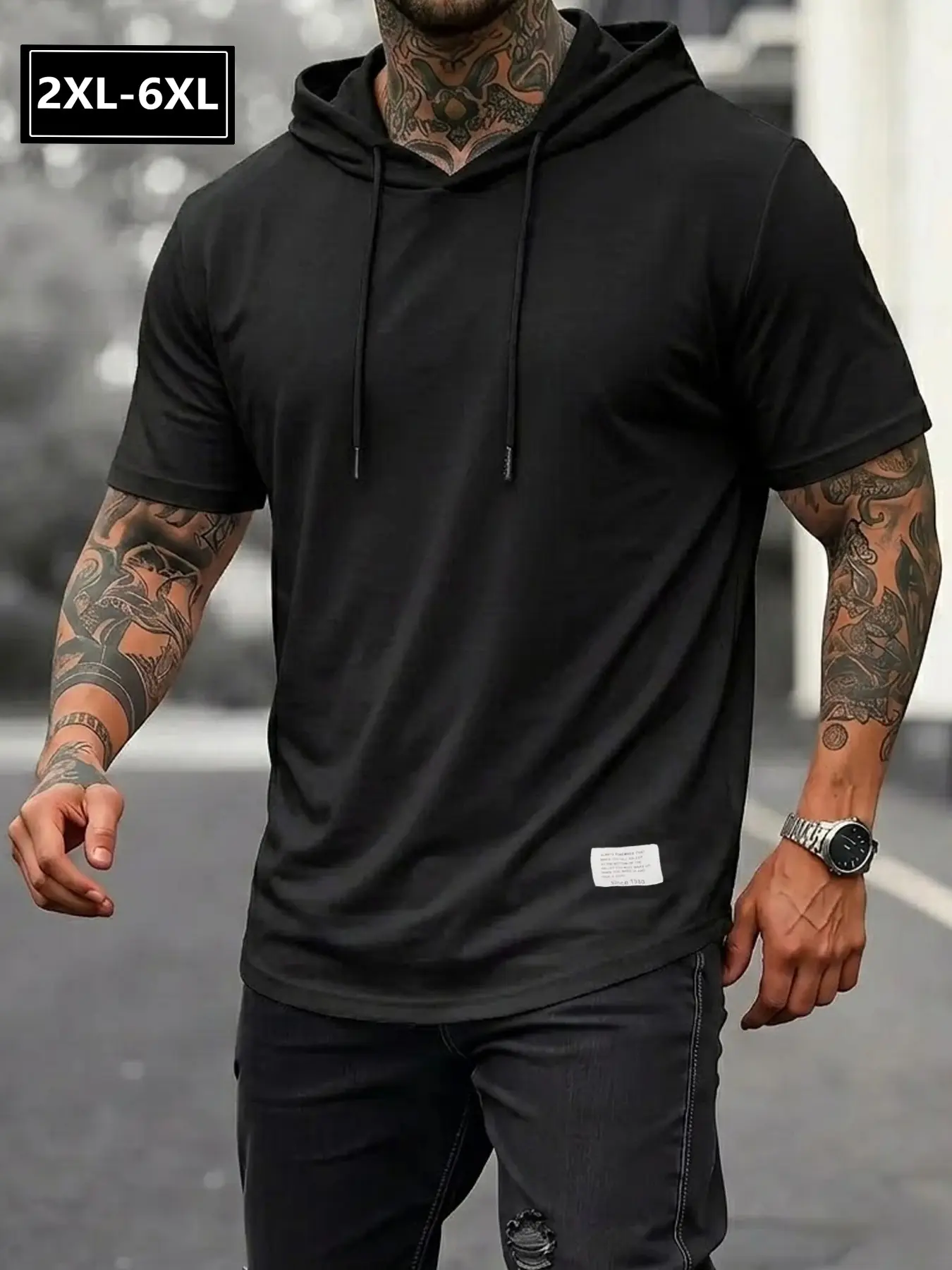 Men's Plus Size Hooded Short Sleeve T-Shirt, Soft Breathable Casual Top, Drawstring Hem, Street Style Streetwear Appeal Daily Wear