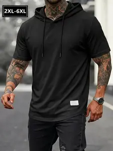 Men's Plus Size Hooded Short Sleeve T-Shirt, Soft Breathable Casual Top, Drawstring Hem, Street Style Daily Wear