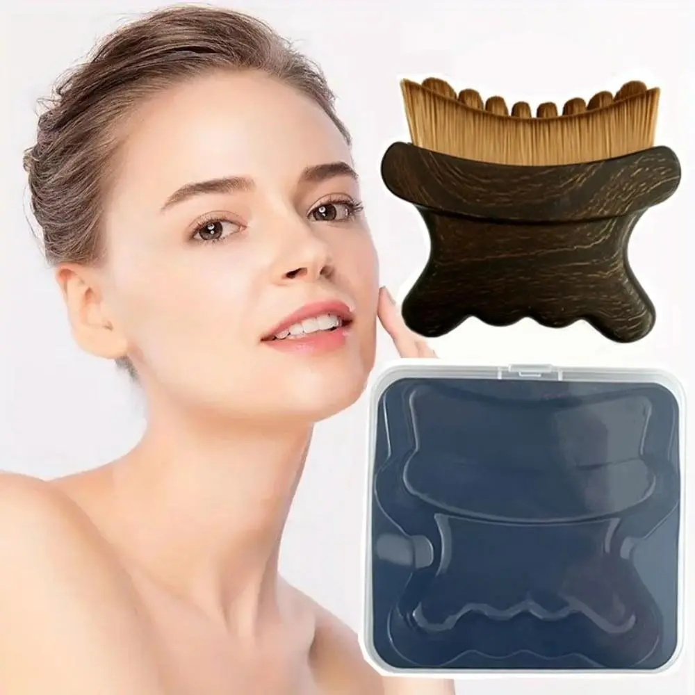 Ergonomic Shape Lymphatic Face Brush Curved Handle Storage Case Contour Massage Brush Wood Grain Look Easy Hold