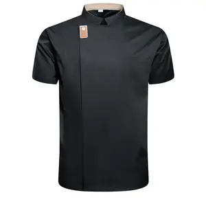 [BlackChefUniform]StylishBlackProfessionalChefUniform-ShortSleeveJacketwithPockets,StandCollar,PolyesterFabric|IdealforKitchen,Baking,andRestaurantUse,SchoolCafeteriaClothing,MachineWashable