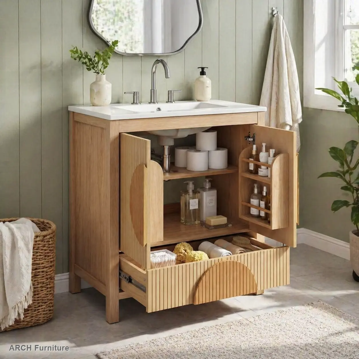 30-Inch Modern Fluted Freestanding Wood Floor Cabinet Bathroom Vanity with Sink - DIY-Friendly, Soft-Closing Doors, 1 Drawer, Open Storage, Decorative Circular Accent, Solid Wood & MDF Build, Wood Floor Cabinets