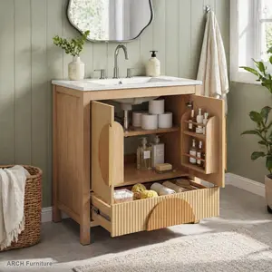 30-Inch Modern Fluted Wood Freestanding Bathroom Vanity with Sink - DIY-Friendly, Soft-Closing Doors, 1 Drawer, Open Storage, Decorative Circular Accent, Solid Wood & MDF Cabinet Build
