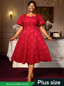 Plus Size Stylish Party Dress, High Waist Slimming Square Neck Puff Sleeve A-Line Dress for Elegant Occasions, Women's Fashion Evening Gown