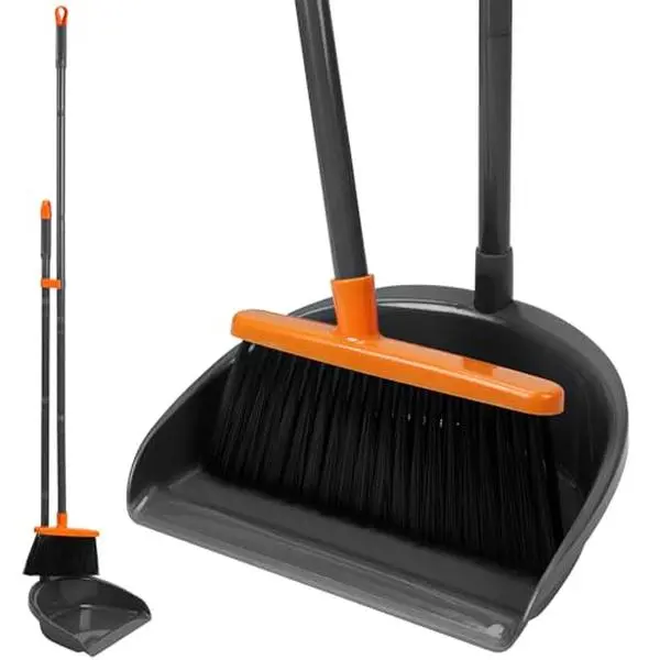 Long Handle Broom with Upright Standing Dustpan Combo for Office Home Kitchen Lobby Floor Cleaning