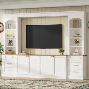 ARCH Farmhouse Arched Entertainment Center Wall Unit with Bookshelf, Retro Large TV Stand with Wood Grain for TVs Up to 70", 106inch Multi-Functional Media Console with Drawers for Living Room, White