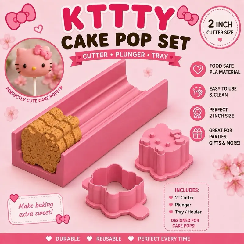 2” 3D Printed Kitty Cake Pop Cutter Set, Including Tray and Plunger, Baking Tool for Homemade Cake Pops