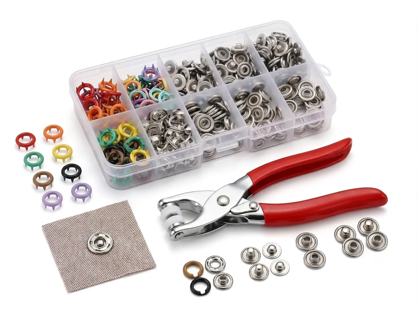 100Pcs Metal Snap Fasteners Kit with Manual Pliers Tool & Storage Box, 9.5mm Invisible Colored Snap Buttons for Clothing, Hats, DIY Sewing Crafts