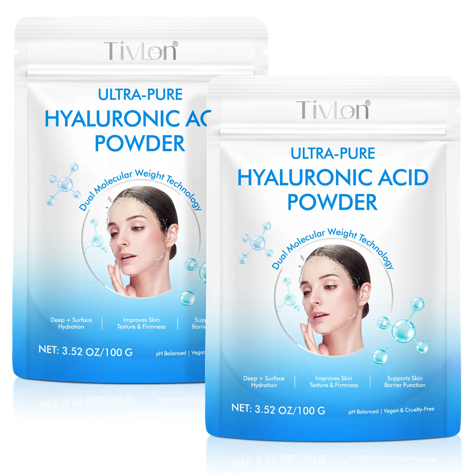 Tivlon Pure Natural Hyaluronic Acid Powder 100g X 2 Bags, High Molecular Weight, Water-Soluble, Non-Gmo, Gluten-Free, for Skin & Face Care