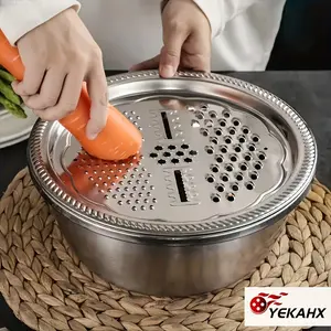 3-Piece Set Stainless Steel Grater Basin, Multifunctional Household Kitchen Vegetable Washer, Rice Rinser, Sieve, Drain, Vegetable Cutter - Essential Kitchen Stuff And Accessories For Home Cooks