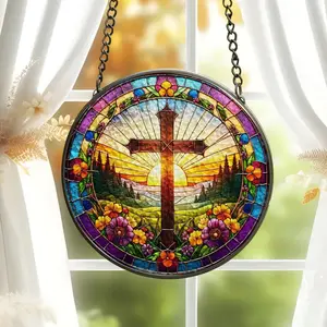 Christian Cross Stained Glass Suncatcher, Religious Home Decor, Christian Window Hanging with Floral Design, Memorial Cross Suncatcher