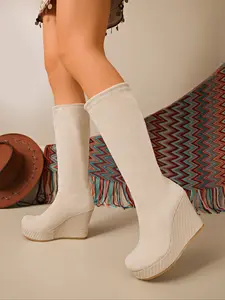 Women's Fall Winter Elastic High Heel Boots, Round Toe Wedge Design, Mid-Calf Comfortable Long Boots, Casual Fleece Fabric Shoes, Winter Warm Boots, Thick Heeled Boots