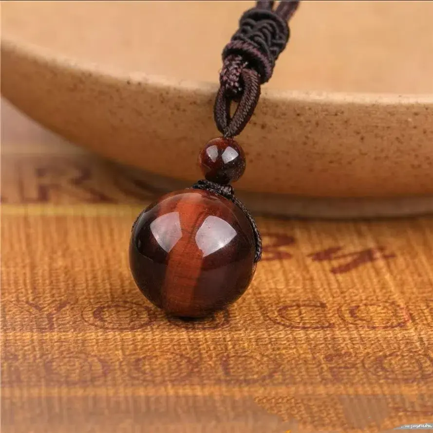 Handmade 16mm Round Red Tiger's Eye Crystal Pendant Necklace - Metal Coated, Black Obsidian Talisman, Natural Healing Semiprecious Stone Jewelry for Adults, Daily Wear Lucky Protection Accessory
