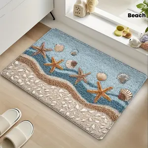 1pc starfish shell floor mat, non-slip beach bathroom mat, with coastal starfish and shell design, blue beige turquoise soft material, suitable for kitchen, bathroom, entrance, bedroom home decoration wear-resistant, Christmas decorations.